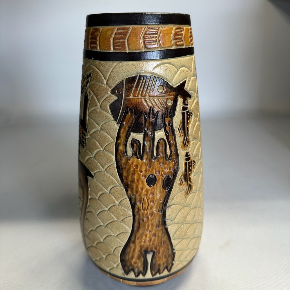 Mid-Century Modern Tribal Art Pottery Ceramic Vase - African Style 9.5"